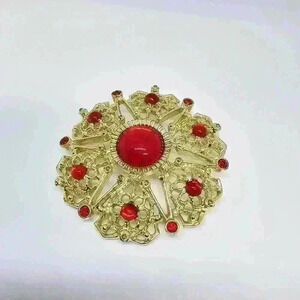 Sarah Coventry Gold Tone Brooch with Red Cabochons
